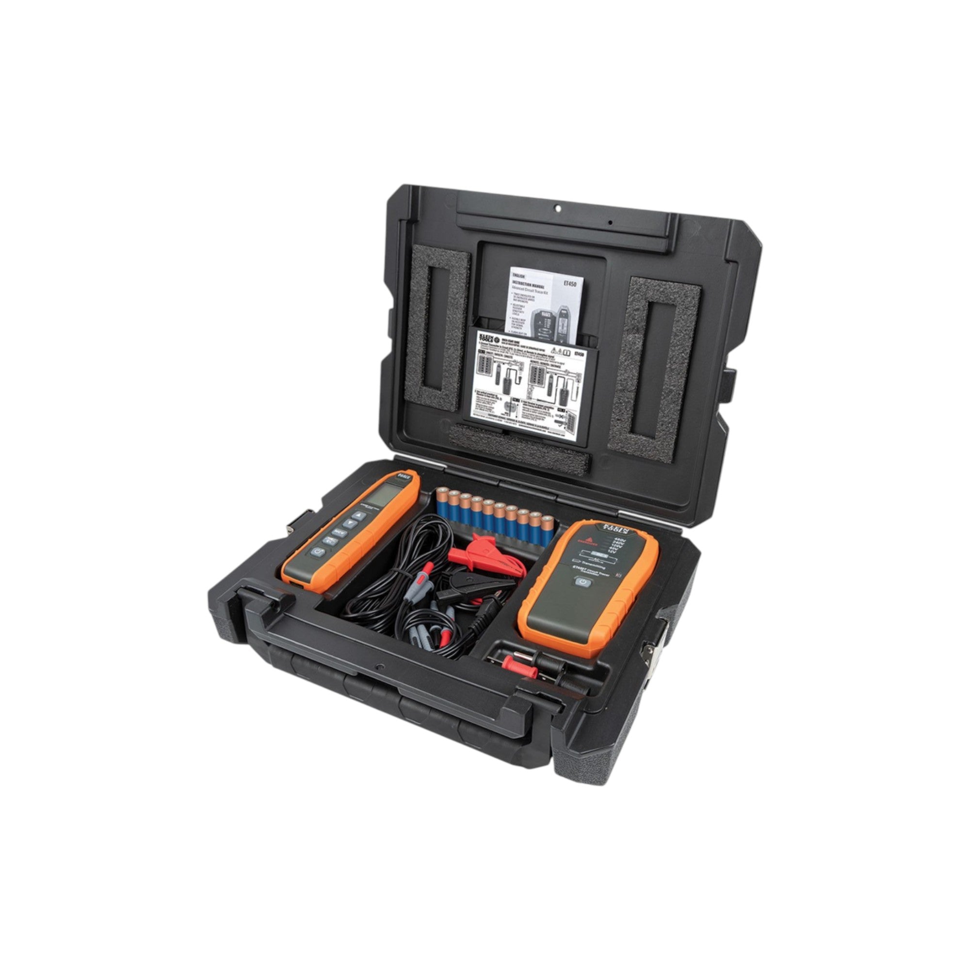 Black tool case with orange tools on a white background