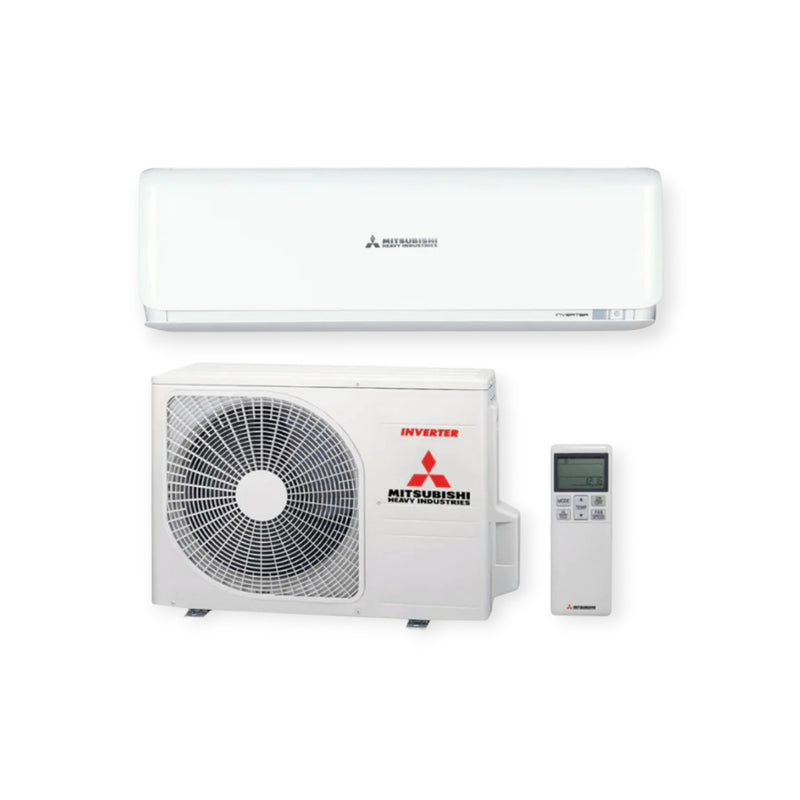 Mitsubishi air conditioning unit with remote control on a white background