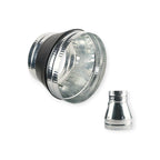 Metallic lens or filter with a black rim on a white background