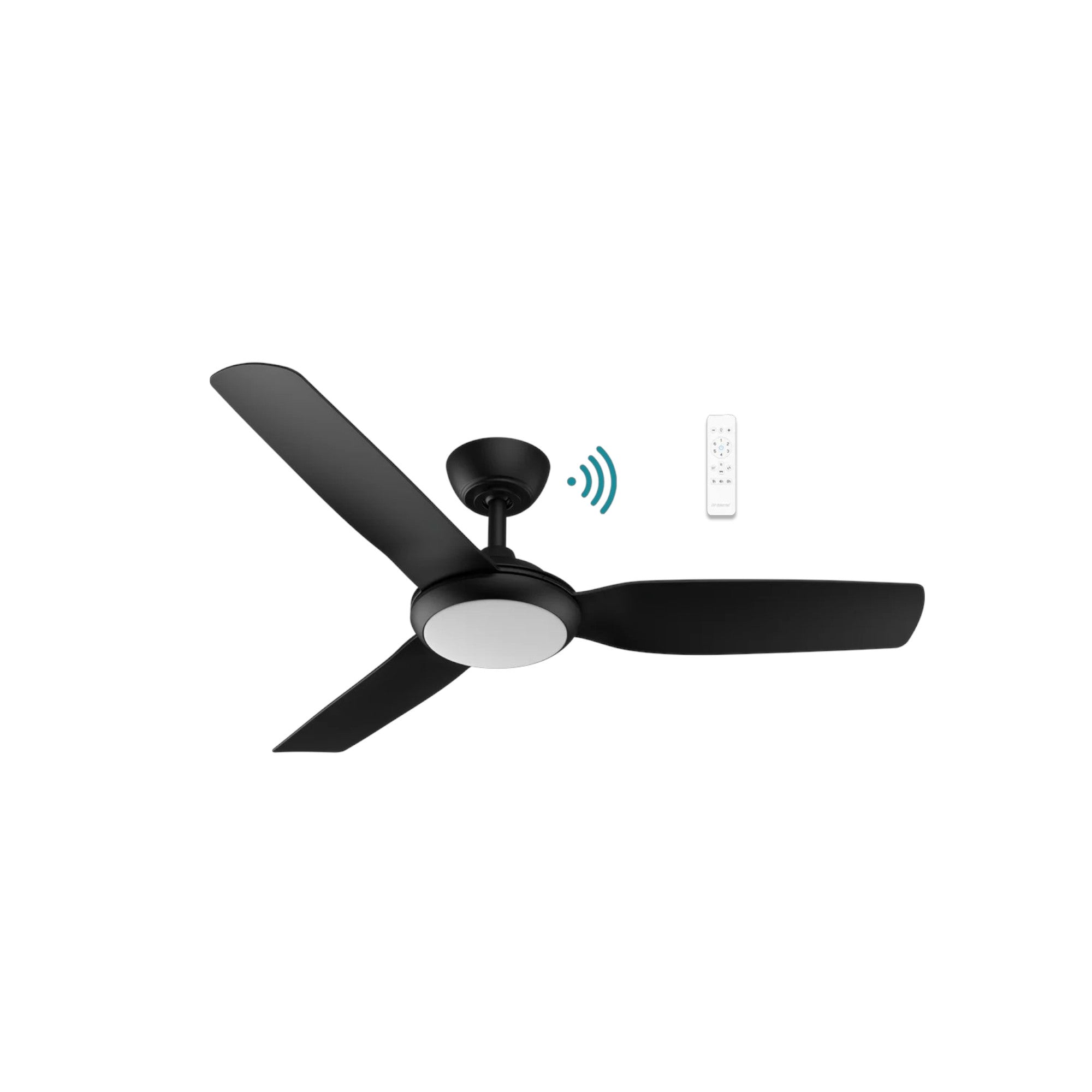 Black ceiling fan with light on a white background