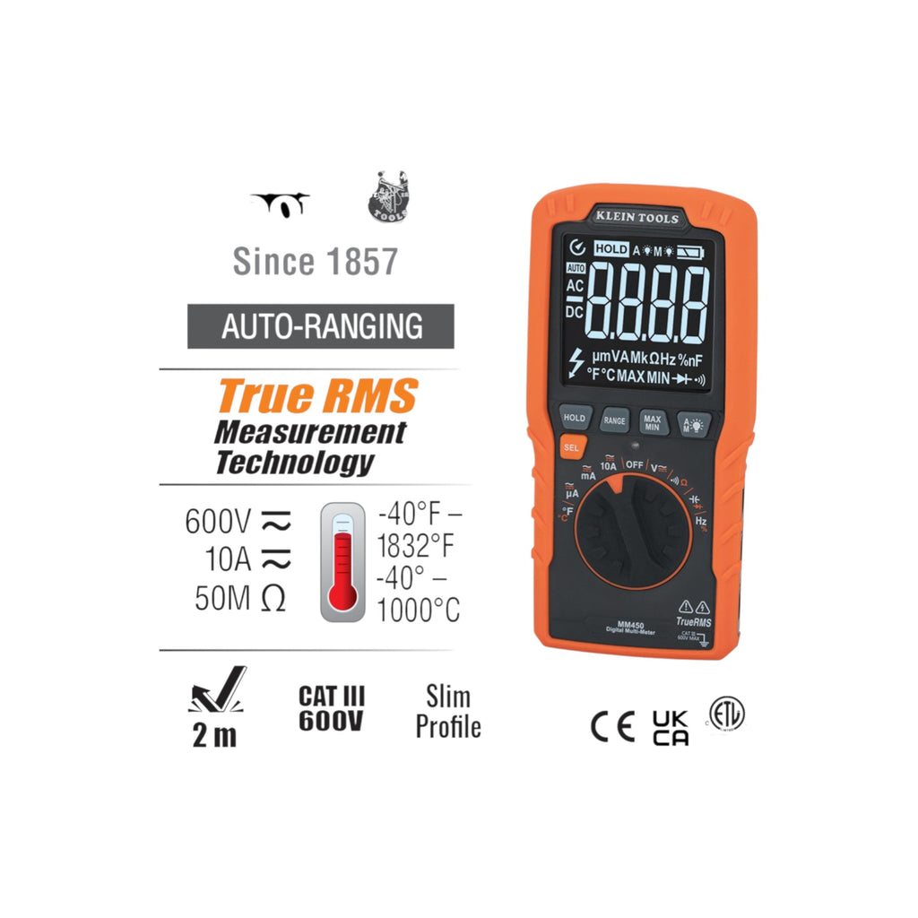 Multimeter with branding and specifications on a white background