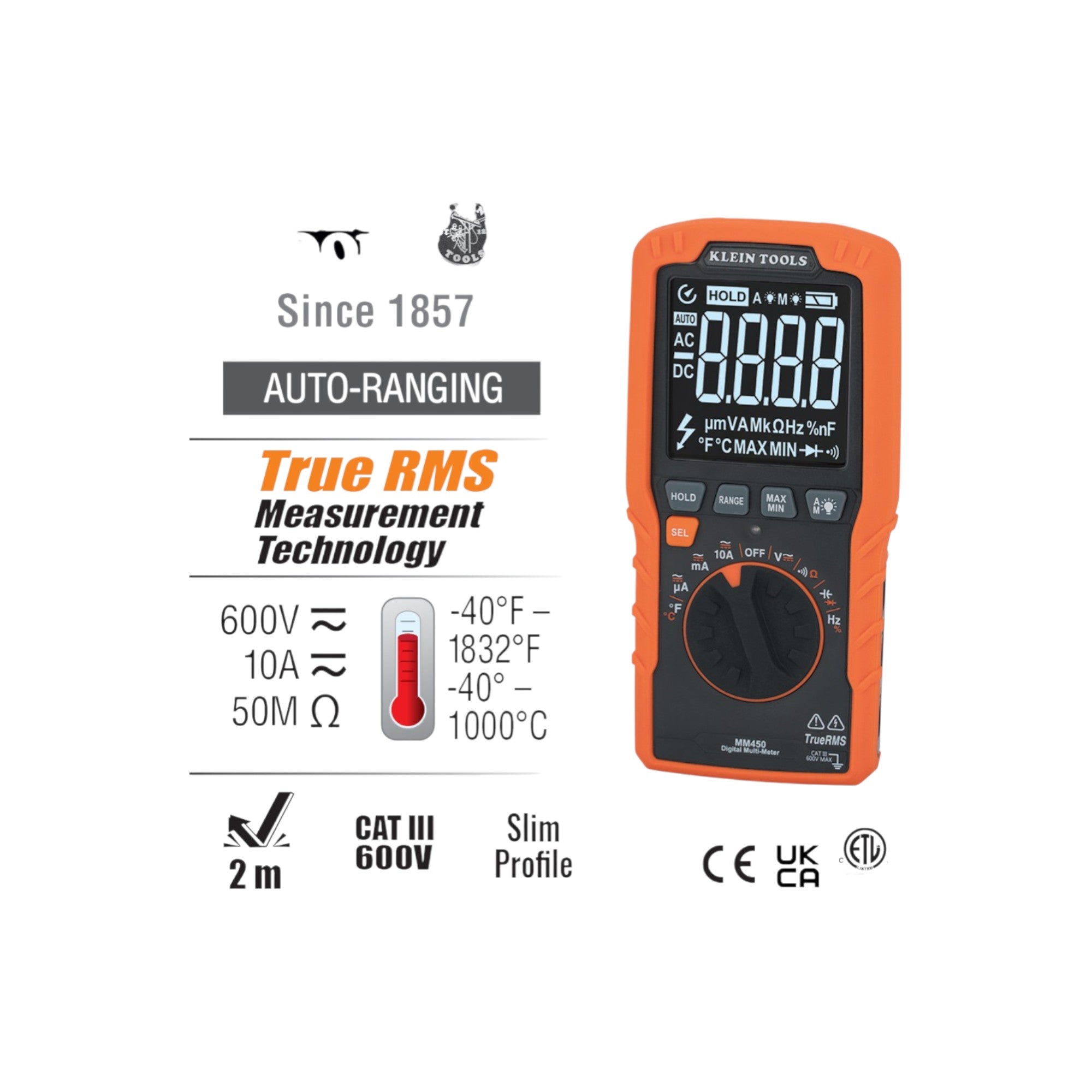 Multimeter with branding and specifications on a white background