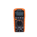 Orange multimeter with digital display on a white background