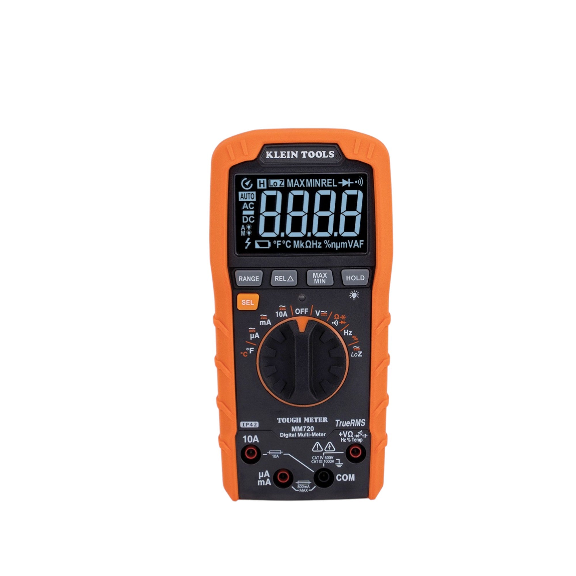 Orange multimeter with digital display on a white background