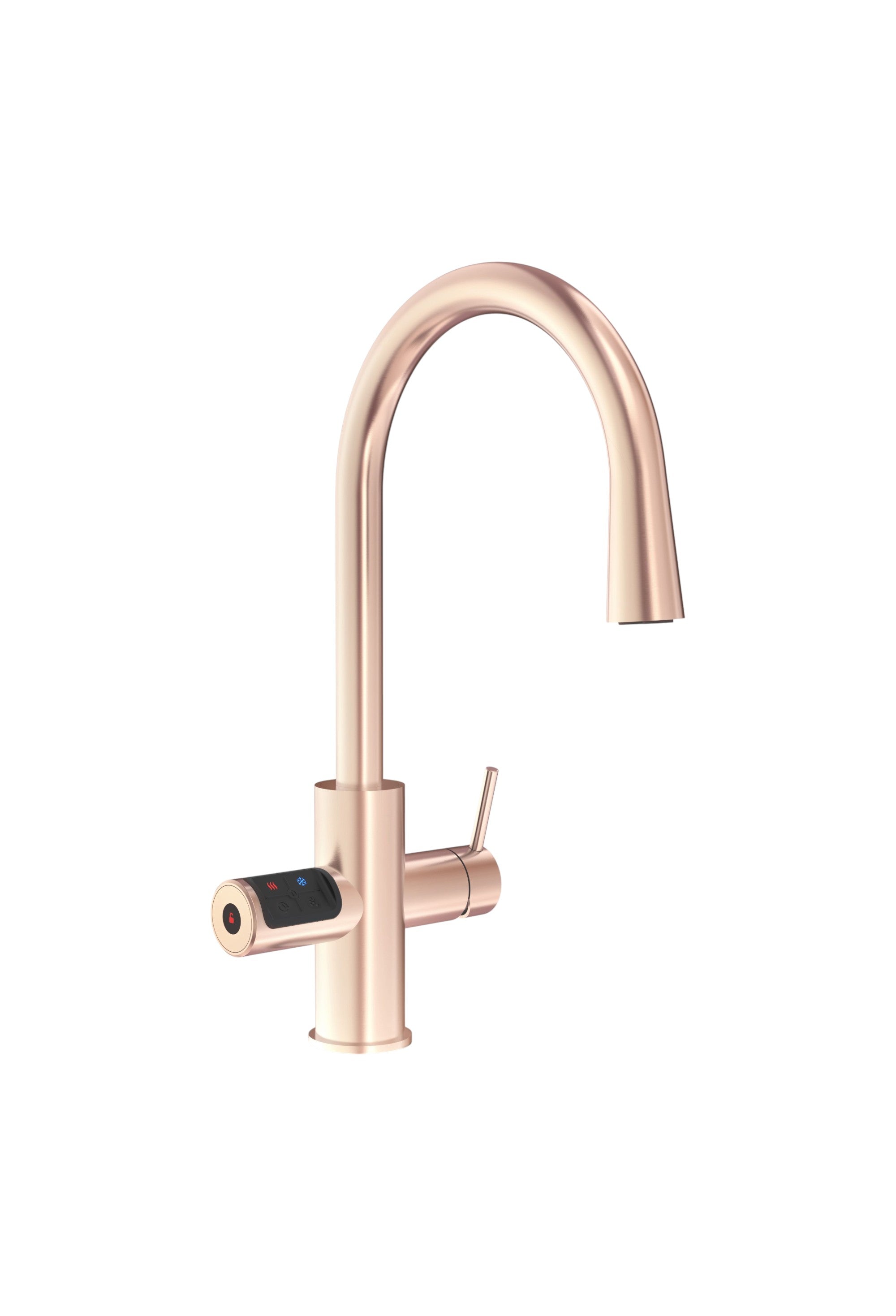 Rose gold kitchen faucet on a white background
