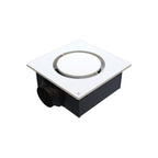Square bathroom exhaust fan with white cover and black base on a white background