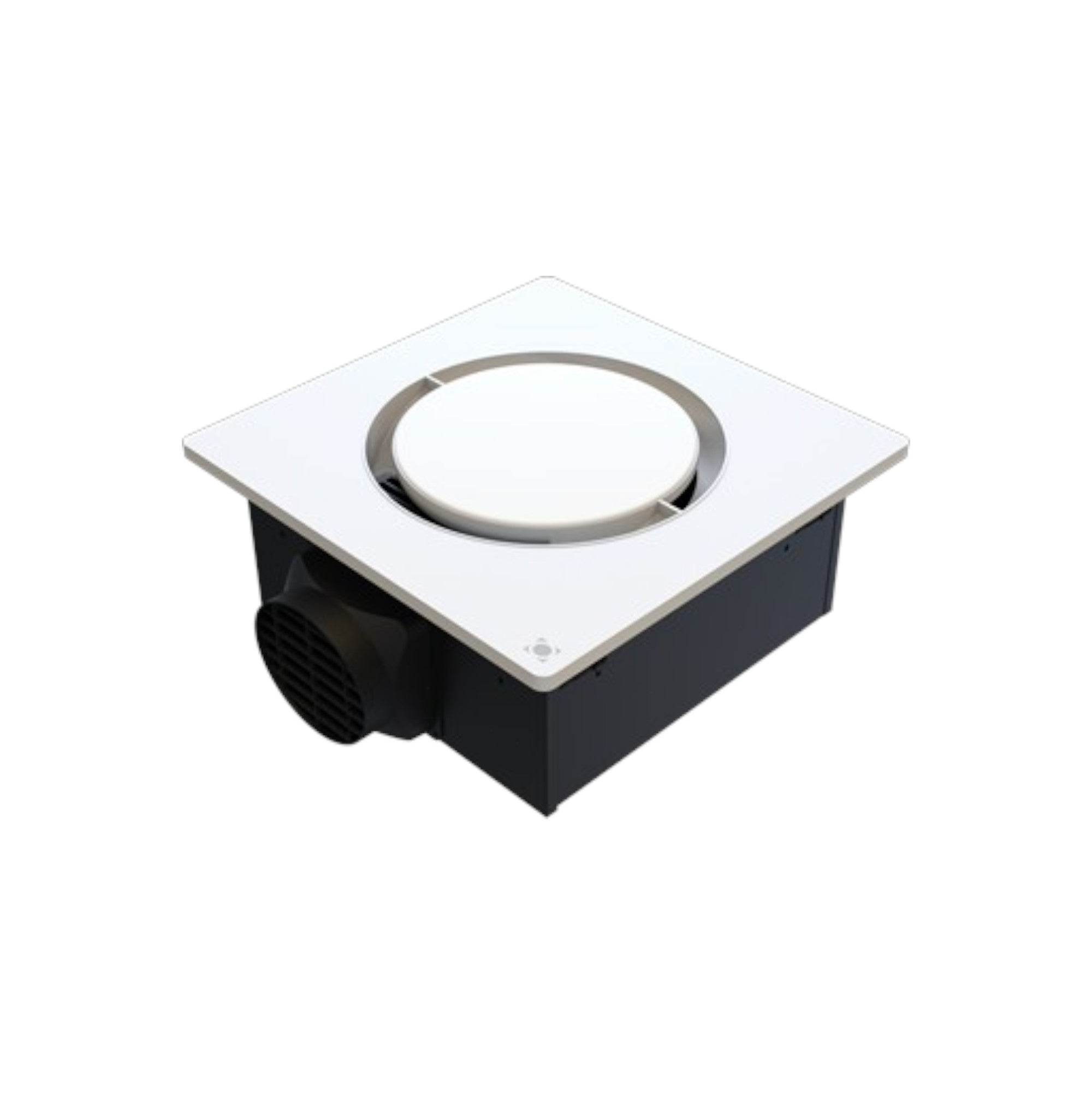 Square bathroom exhaust fan with white cover and black base on a white background