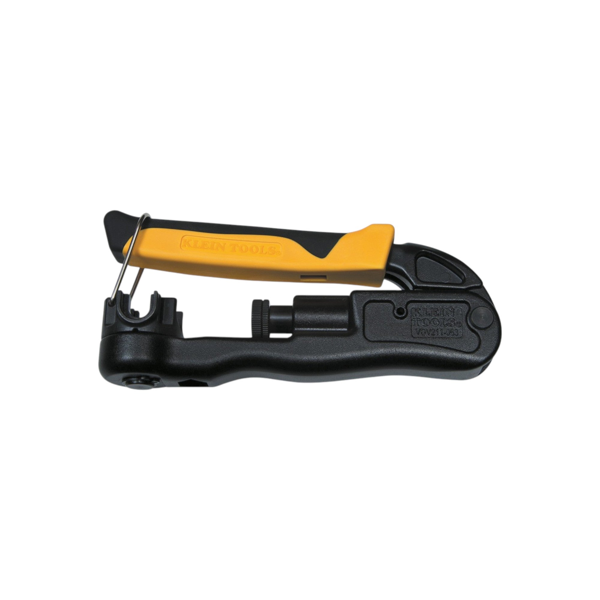 Black and yellow cable stripper on a white background