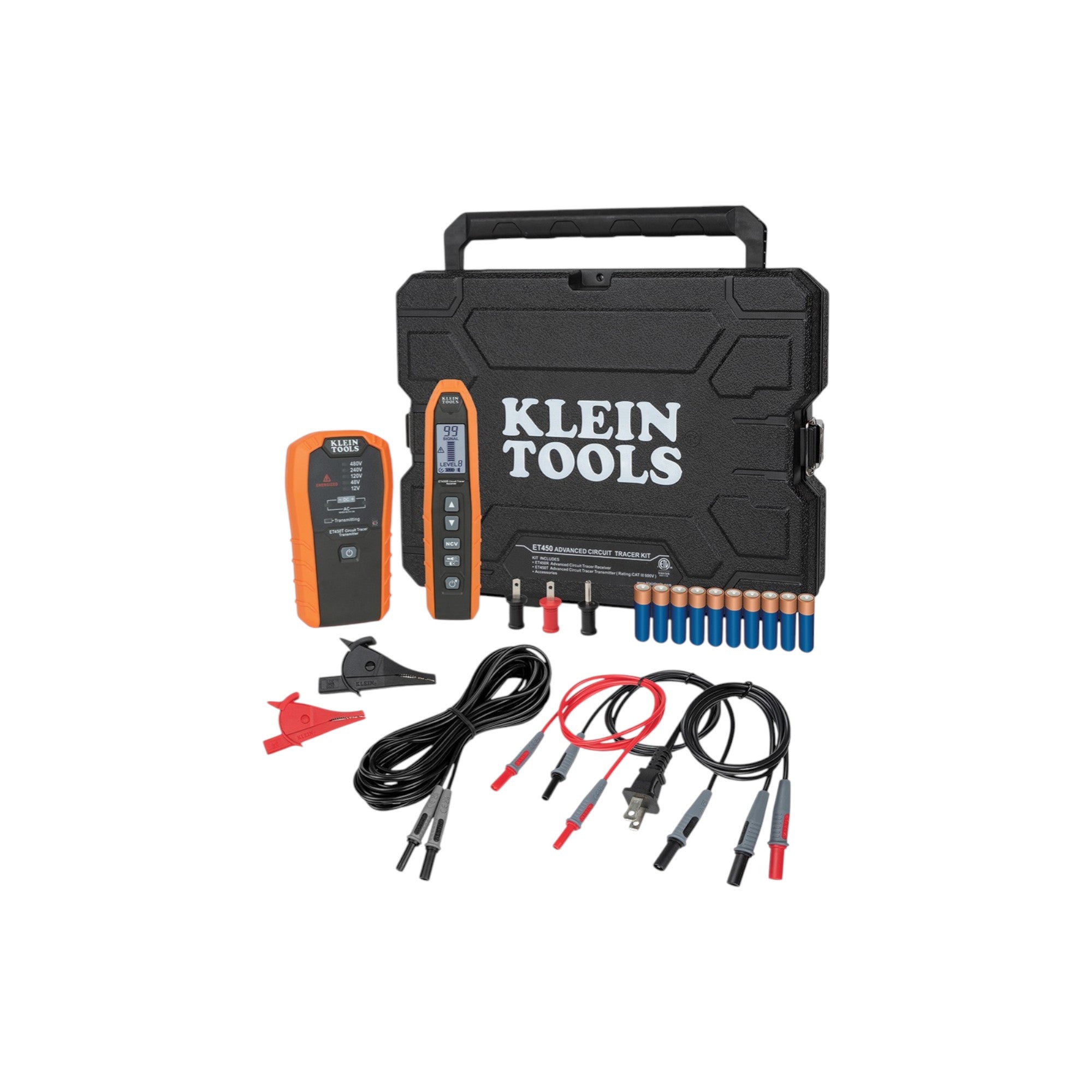 Klein Tools diagnostic tool set with cables and probes on a white background