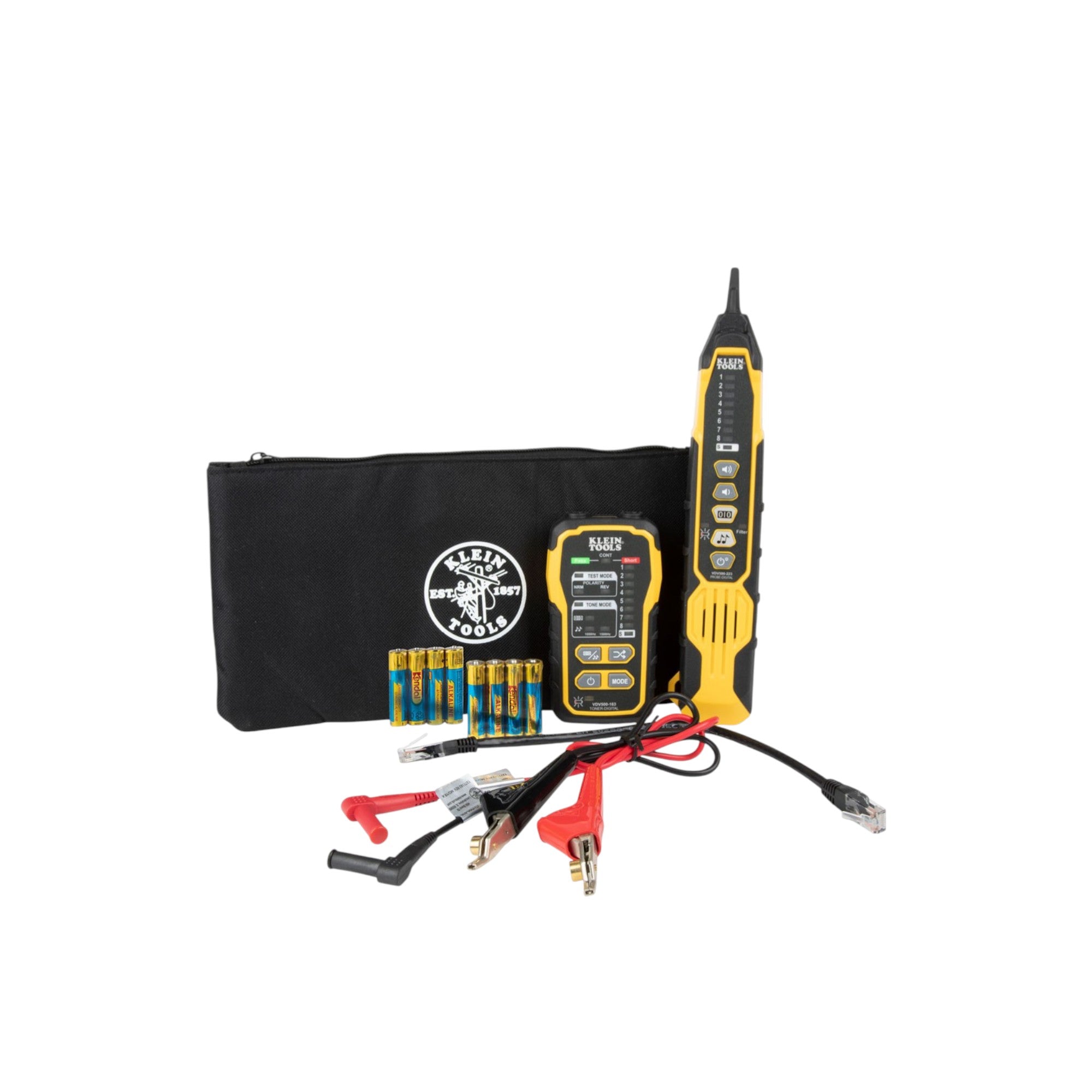 Electrical testing kit with multimeter, probes, and batteries on a white background